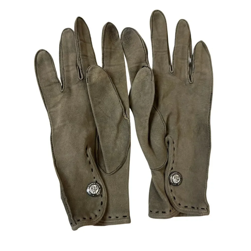 Vintage H&P Green Gray Suede Driving Gloves women's Ladies Soft Unlined